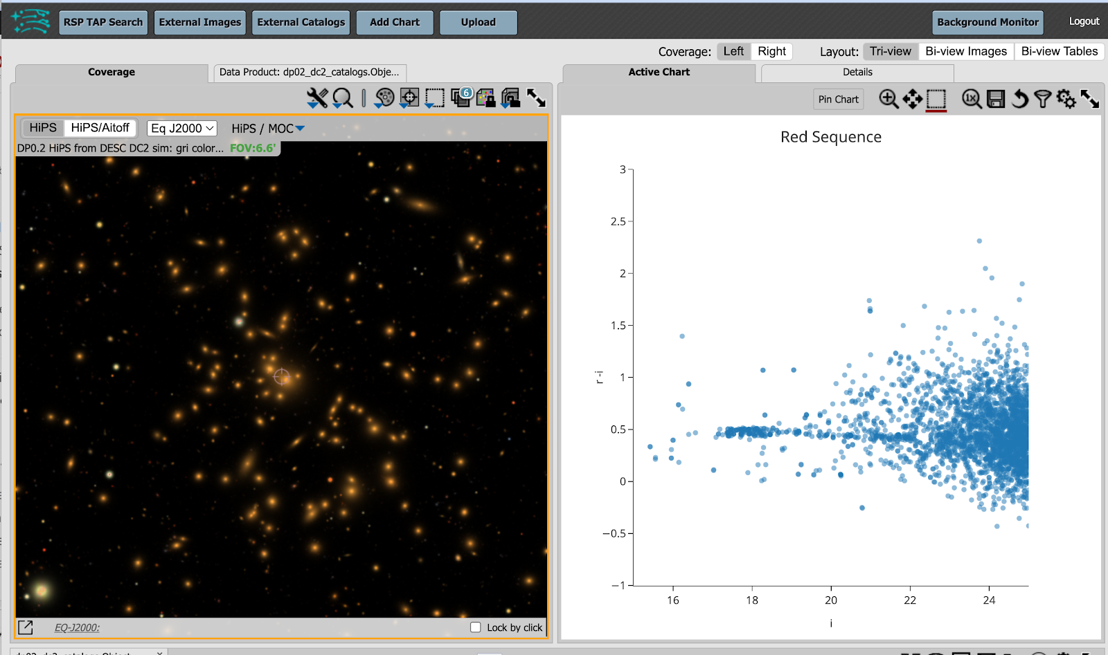 A screenshot of the Portal Aspect of the Rubin Science Platform with two panels. The left panel shows a galaxy cluster from the DC2 simulation and the right panel plots the cluster "red sequence" as an "r-i" vs "i" color-magnitude plot.
