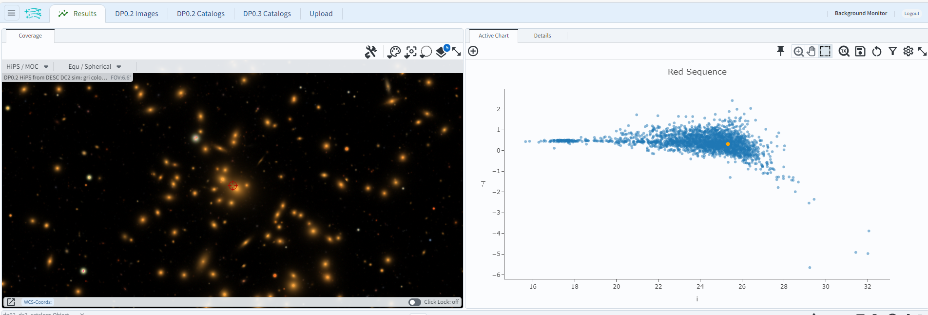 A screenshot of the Portal Aspect of the Rubin Science Platform with two panels. The left panel shows a galaxy cluster from the DC2 simulation and the right panel plots the cluster "red sequence" as an "r-i" vs "i" color-magnitude plot.