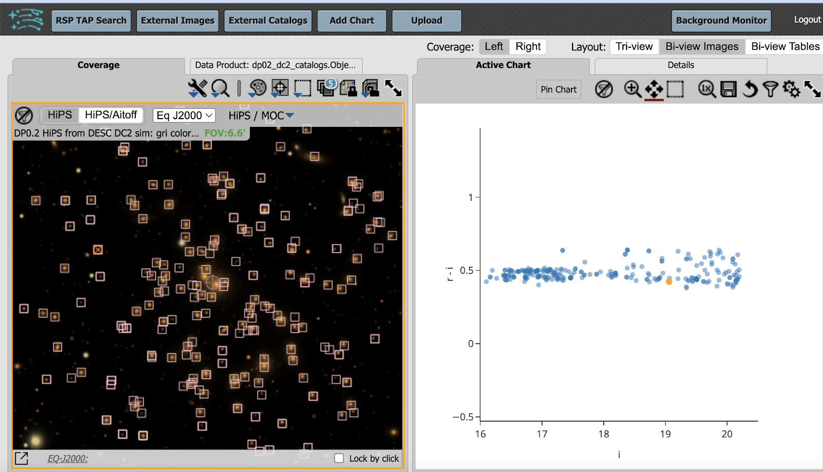 A screenshot of the Portal Aspect of the Rubin Science Platform with two panels. The left panel shows a galaxy cluster from the DC2 simulation with squares identifying the cluster members explicitly, and the right panel plots the cluster "red sequence" as an "r-i" vs "i" color-magnitude plot.