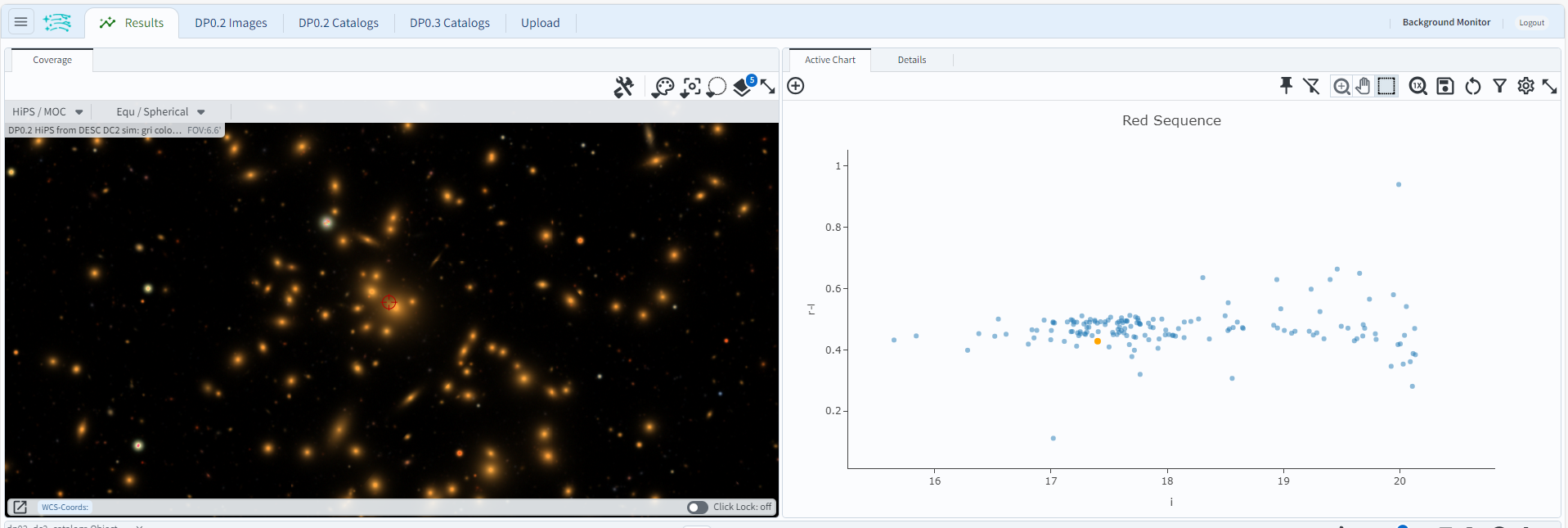 A screenshot of the Portal Aspect of the Rubin Science Platform with two panels. The left panel shows a galaxy cluster from the DC2 simulation with squares identifying the cluster members explicitly, and the right panel plots the cluster "red sequence" as an "r-i" vs "i" color-magnitude plot.